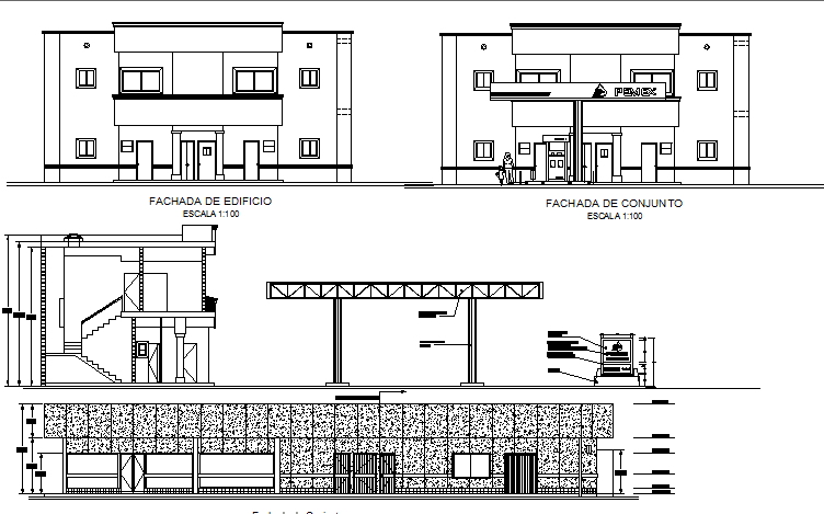 Gas station building elevation and sectional details dwg file
