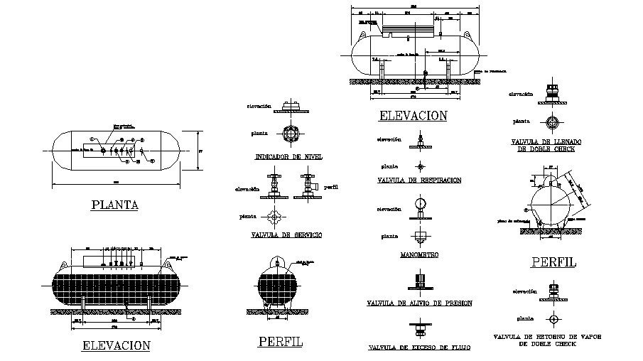 Gas tank elevation, section and installation details dwg file