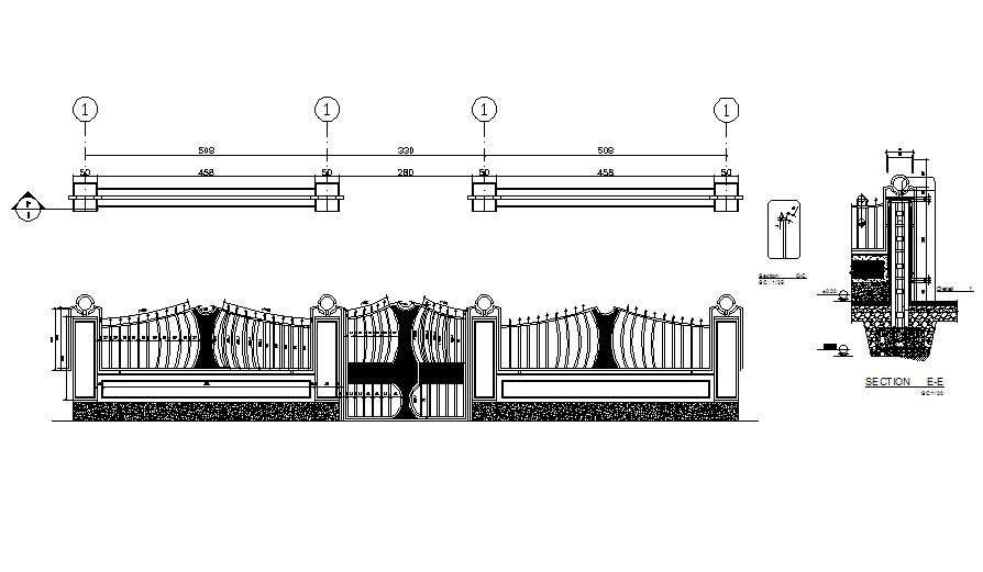 Gate and fence elevation and auto-cad drawing details dwg file