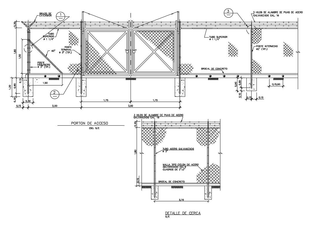 Gate and fence section and constructive structure details dwg file
