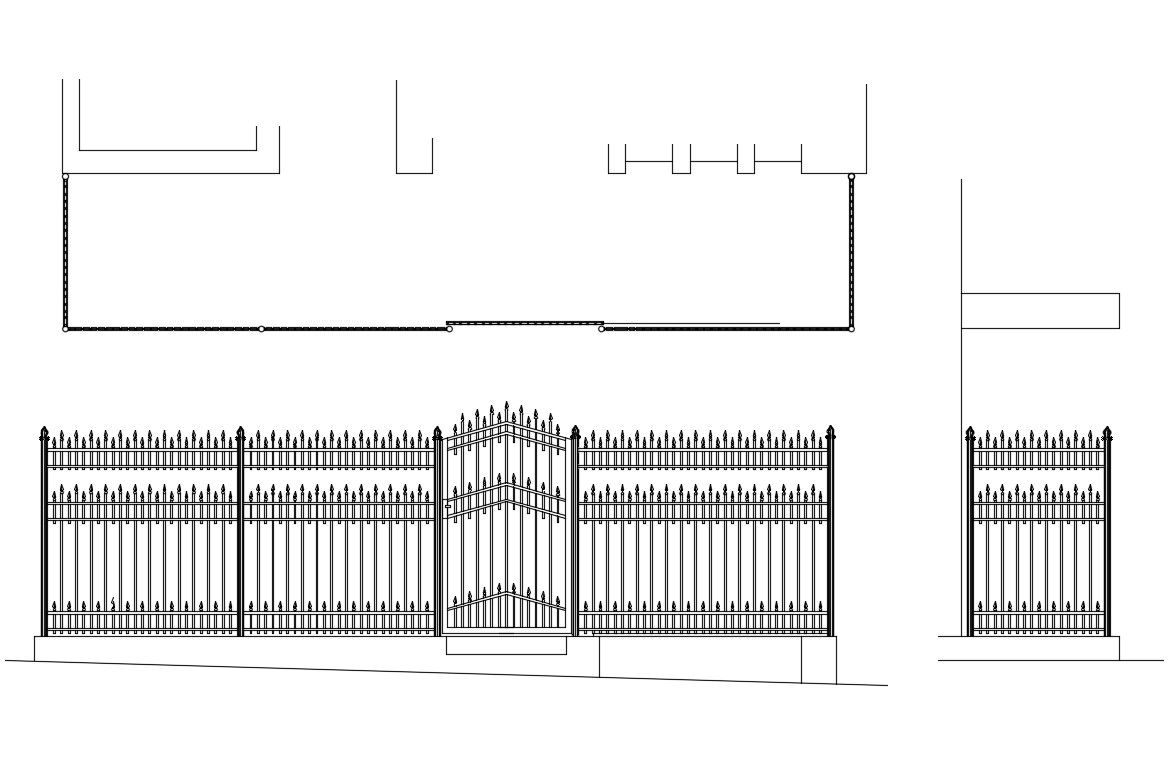 Gate elevation, section and fence structure details dwg file