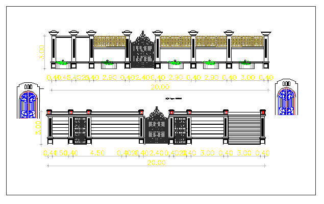 Gate elevation of garden with perimeter fence details dwg file