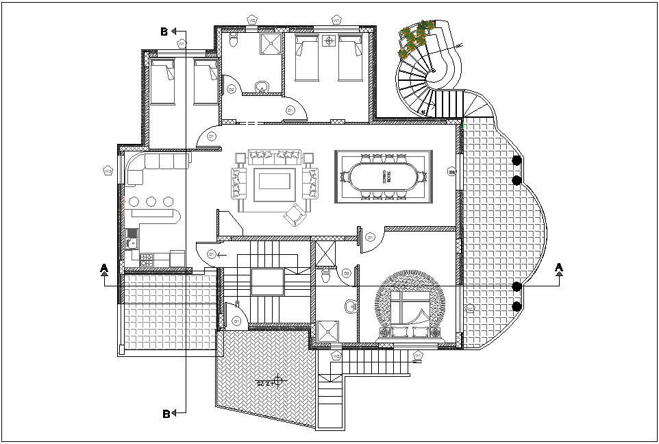 General floor plan of house with architectural view dwg file