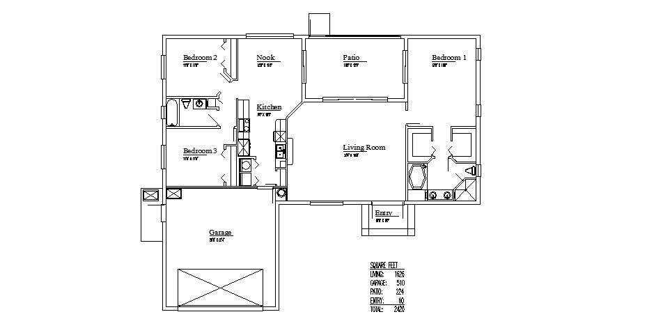 General layout plan details of three bedroom house dwg file