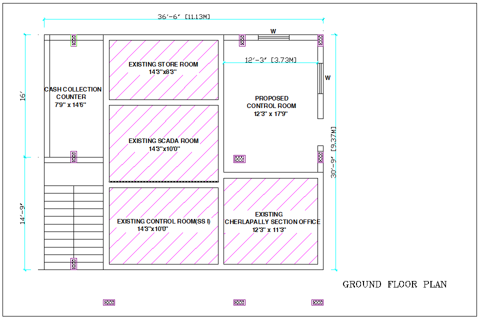 General plan of ground floor plan for office with architectural view dwg file