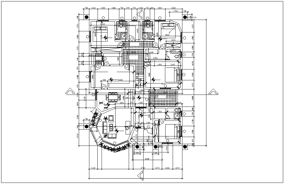 General plan of three bedroom with architectural view dwg file