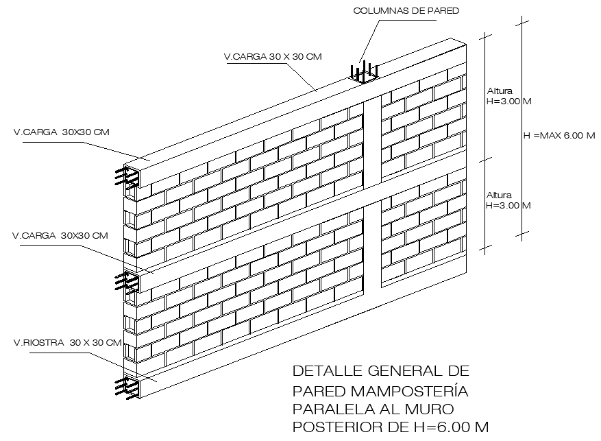 General Detail of Masonary Wall parallel to the Back wall of height 6 meter Detail DWG AutoCAD file