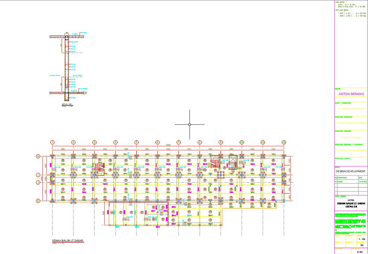 General beam layout plan of ground floor of the hotel in AutoCAD 2D drawing, CAD file, dwg file