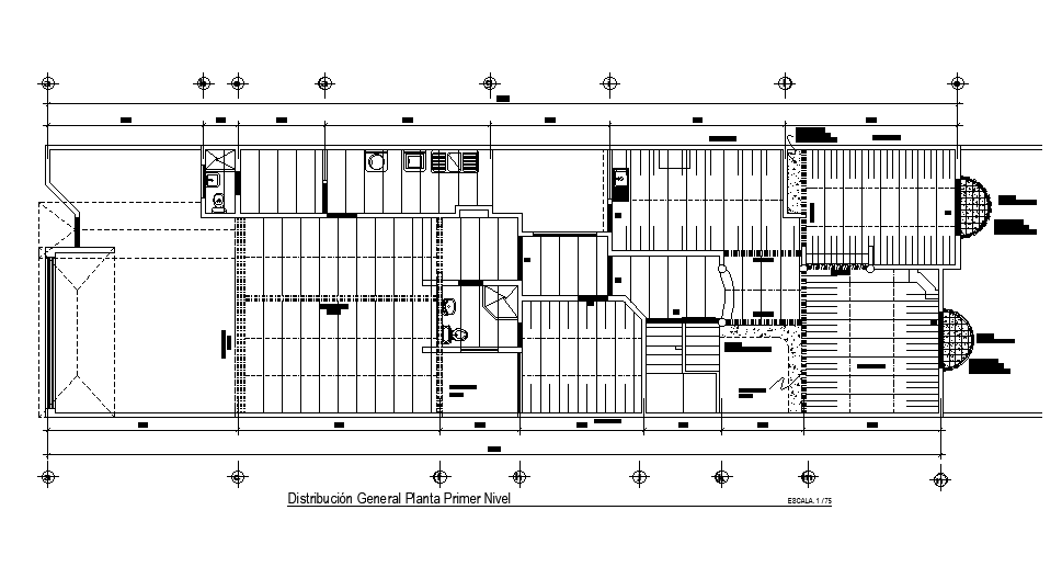 General distribution of ground floor level of 40x11m house plan is given in this AutoCAD drawing model.Download now.