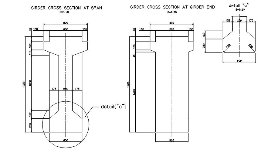 Girder cross section at end in AutoCAD, dwg file.