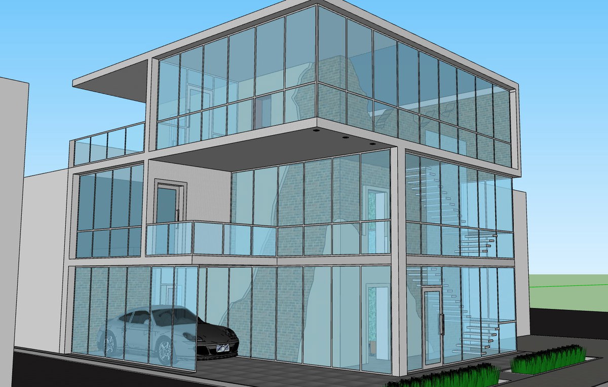 3D Glass House Design With Staircase Terrace And Parking Layout