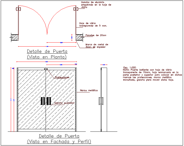 Glass door design view with dimension