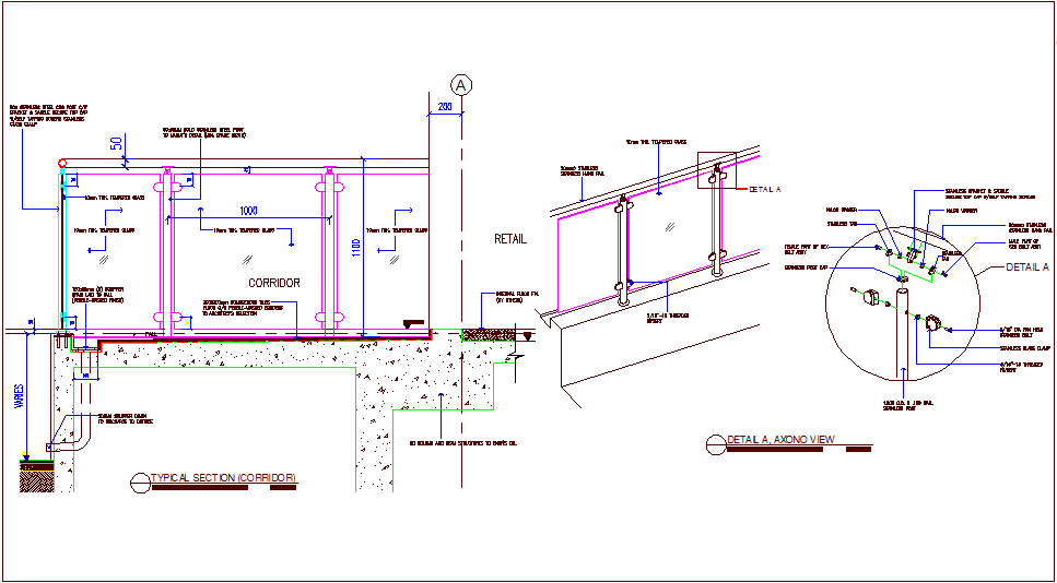 Glass railing sectional detail with construction view dwg file