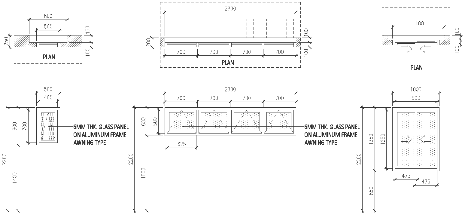 Glass Window Plan Elevation and Section Detail DWG AutoCAD file