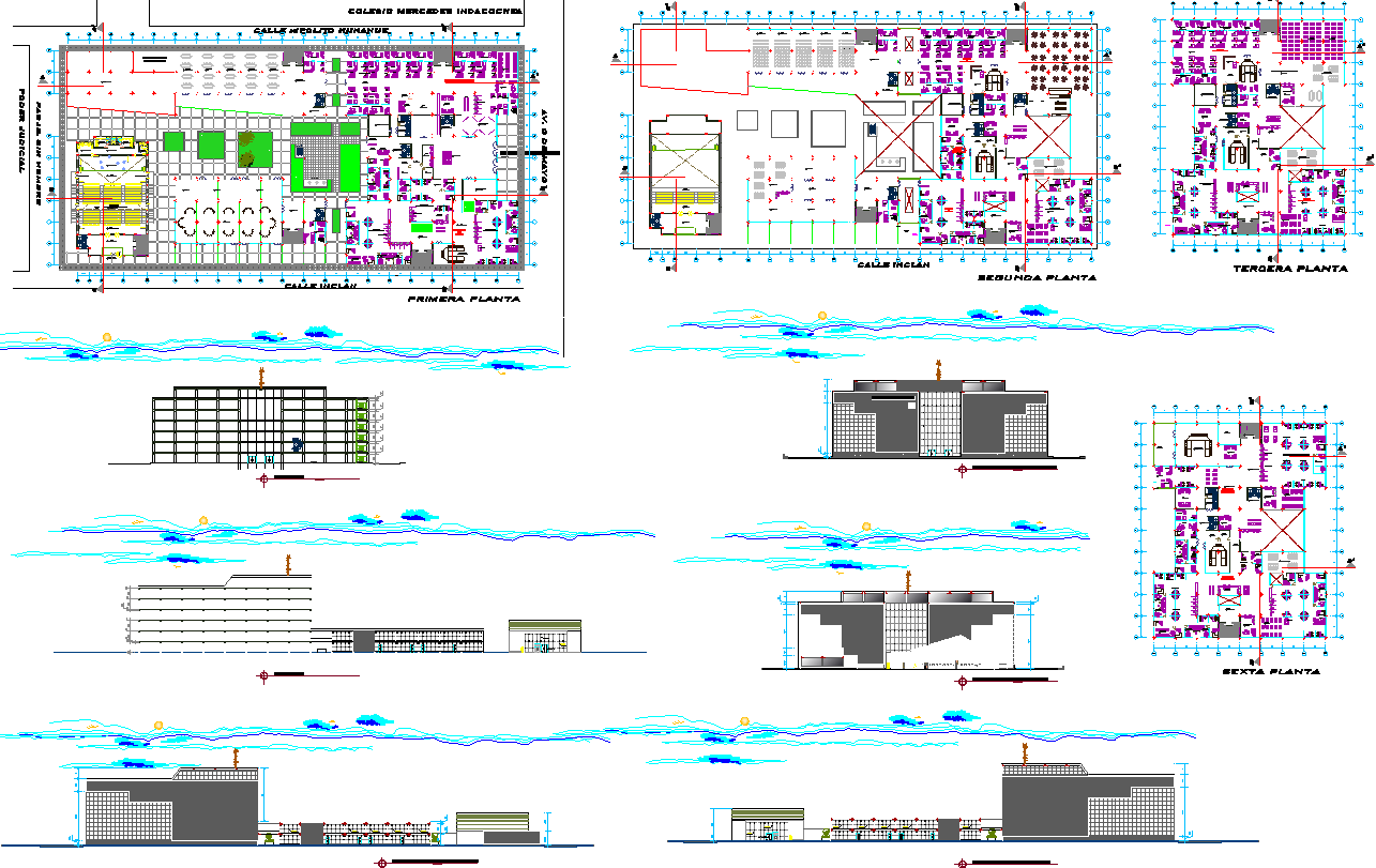 Government building floor plan,elevation and section view dwg file