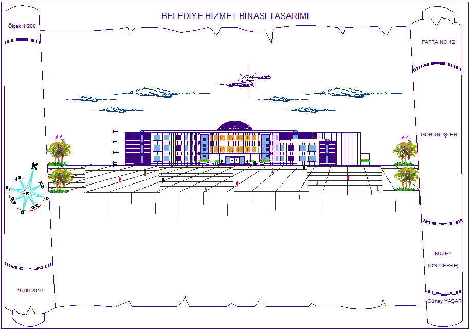 Government municipal building elevation with architectural view dwg file
