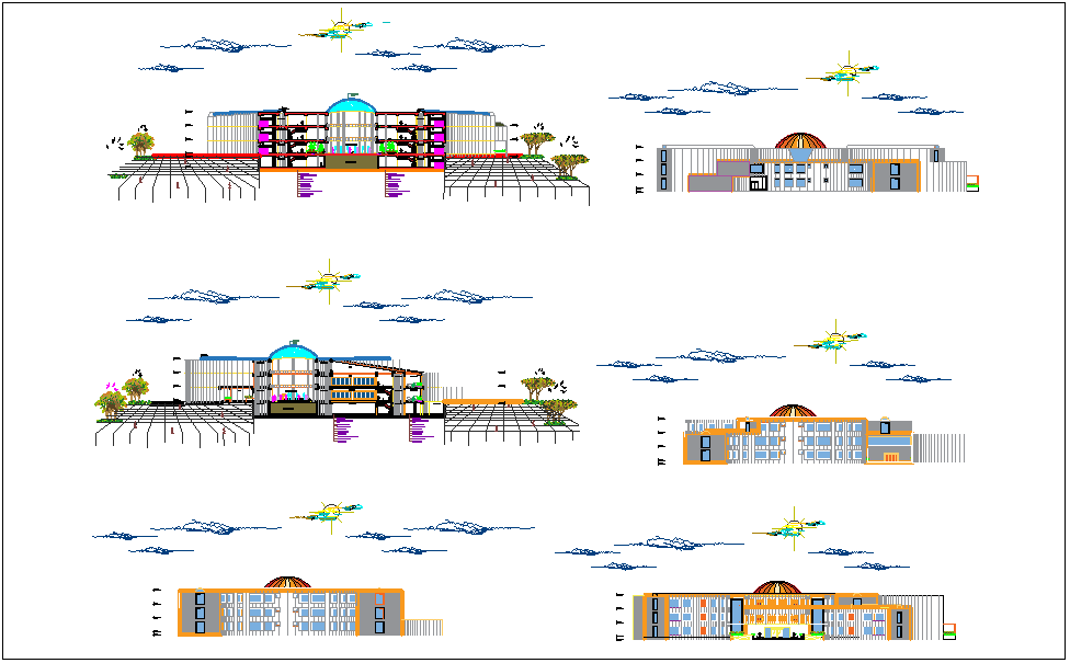 Govt. Municipal building map view and elevation view detail dwg file