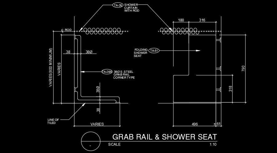 Grab rail & shower seat AutoCAD drawing is given in this file