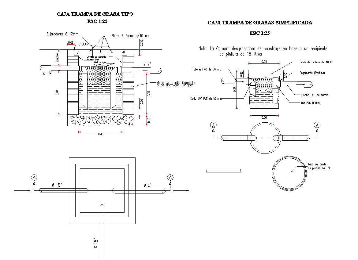 Grease trap box detail elevation 2d view layout file