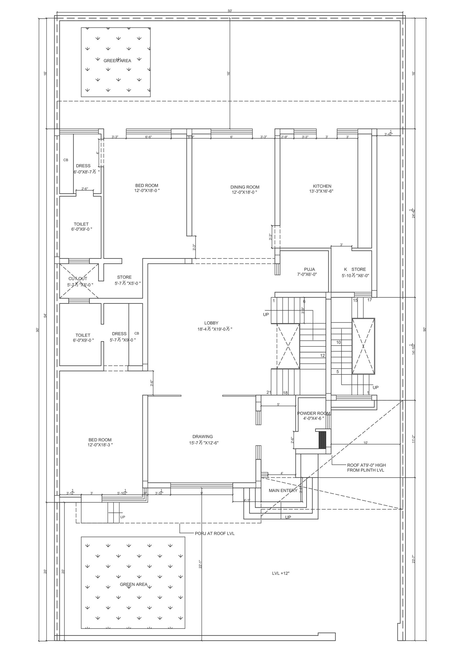 Green Area & Bungalow Design with Room & Kitchen Details DWG