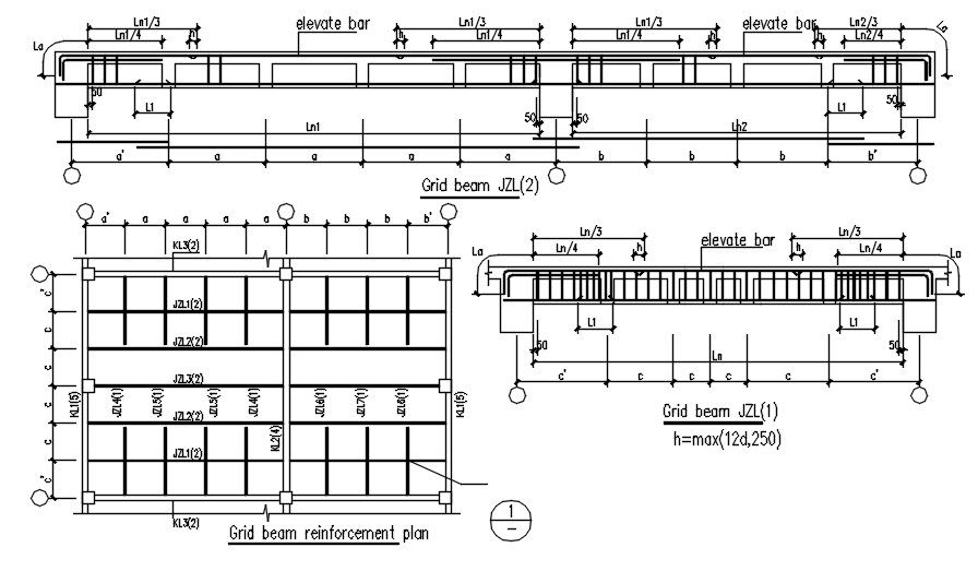 Grid beam reinforcement plan design in AutoCAD 2D drawing, dwg file, CAD file