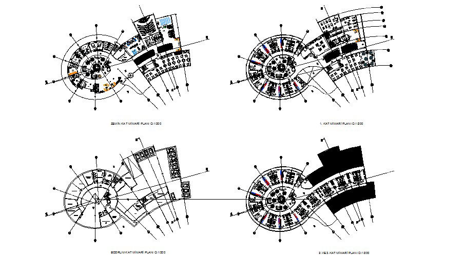Ground, first, second and third floor plan details of luxuries hotel dwg file