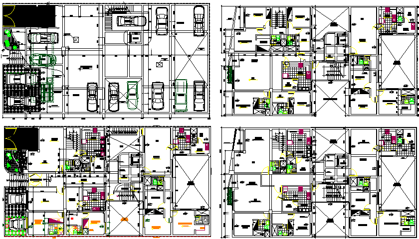 Ground, first, second and top floor architecture layout of residential building dwg file