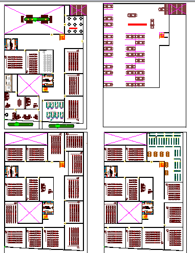 Ground, first, second & top floor plan layout details of university dwg file
