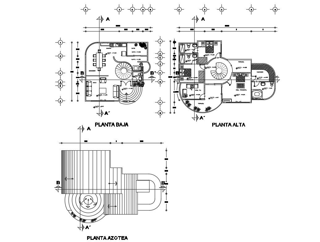 Ground, first and cover plan details of two-level house dwg file
