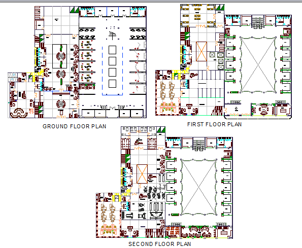Ground, first and second floor layout plan details of hotel dwg file