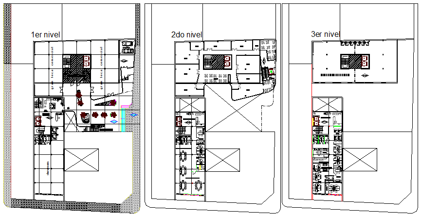 Ground, first and second floor layout plan of corporate building dwg file