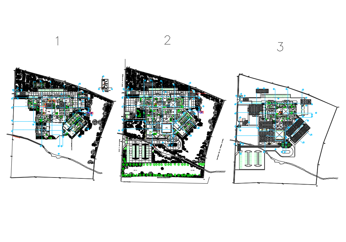 Ground, first and second floor plan details of hospital dwg file