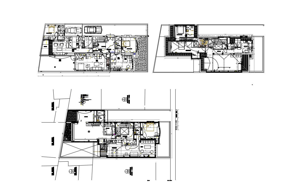 Ground, first and second floor plan details of luxuries house dwg file