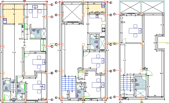 Ground, first and second floor plan of Multi-family house dwg file