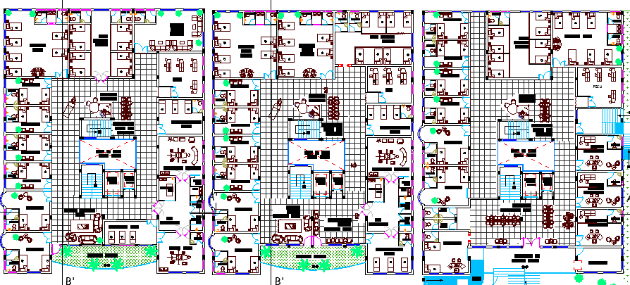 Ground, first and second floor plan of multi-specialty hospital dwg file