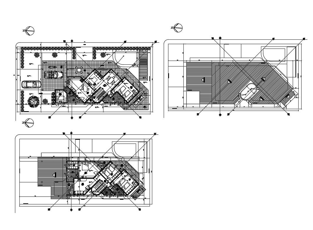 Ground, first and terrace plan details of two-story house dwg file