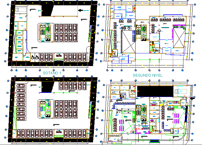 Ground, first and top floor layout plan details of admin building dwg file