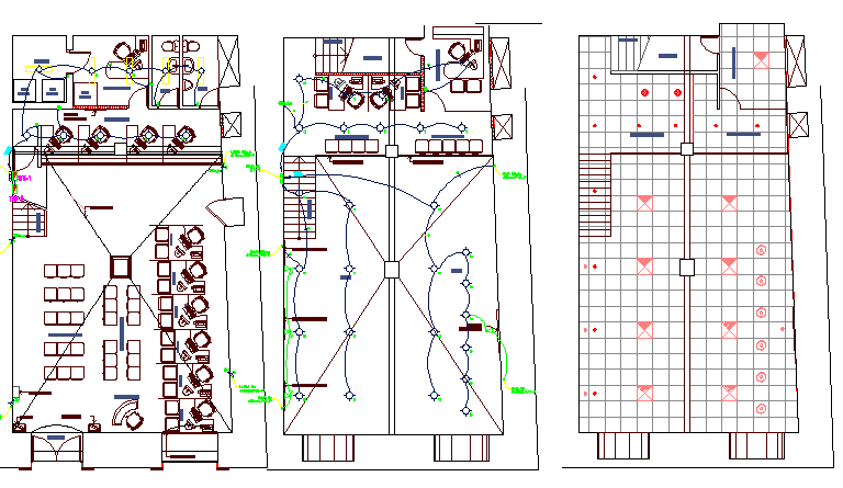 Ground, first and top floor layout plan of government bank dwg file