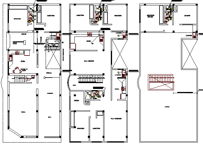 Ground, first and top floor layout plan of multi-level house dwg file