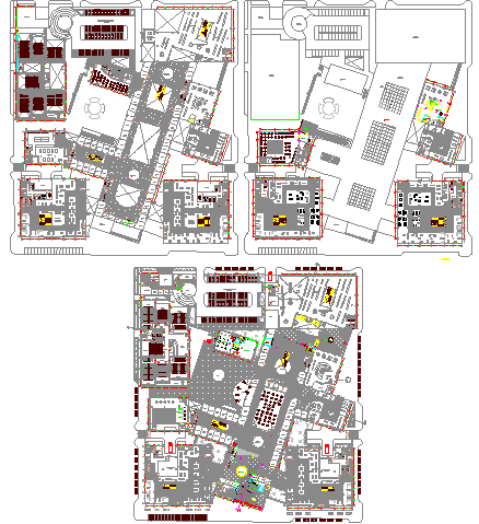 Ground, first and top floor layout plan of shopping center dwg file