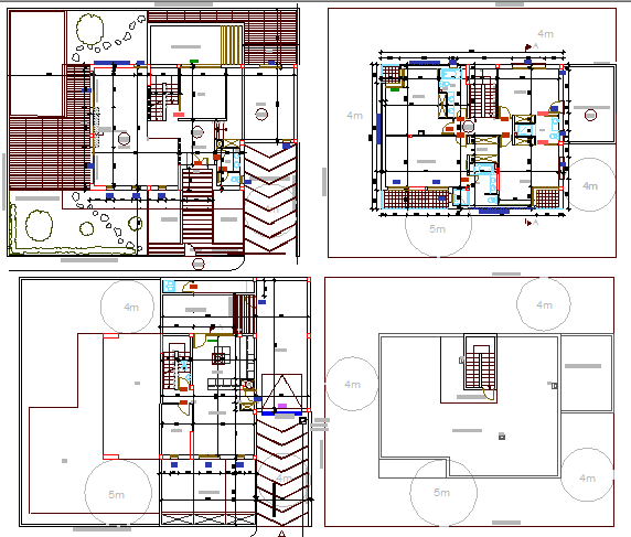 Ground, first and top floor layout plan of three level housing dwg file