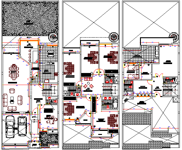 Ground, first and top floor plan of three flooring bungalow dwg file