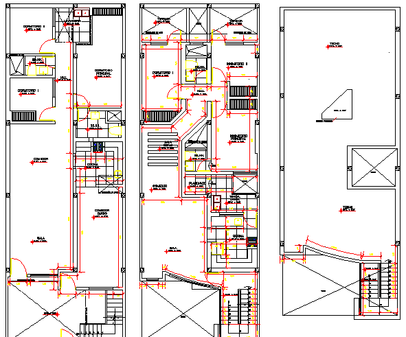 Ground, first and top floor plan of three flooring bungalow dwg file