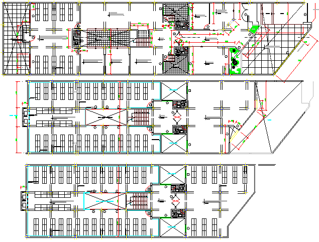 Ground, first & top floors layout plan of corporate office building dwg file