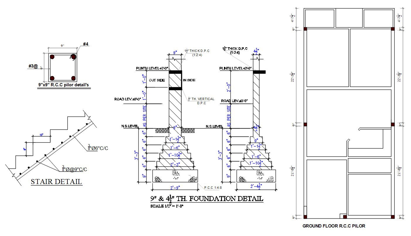 Ground Floor RCC Pilor And Foundation Section AutoCAD Drawing