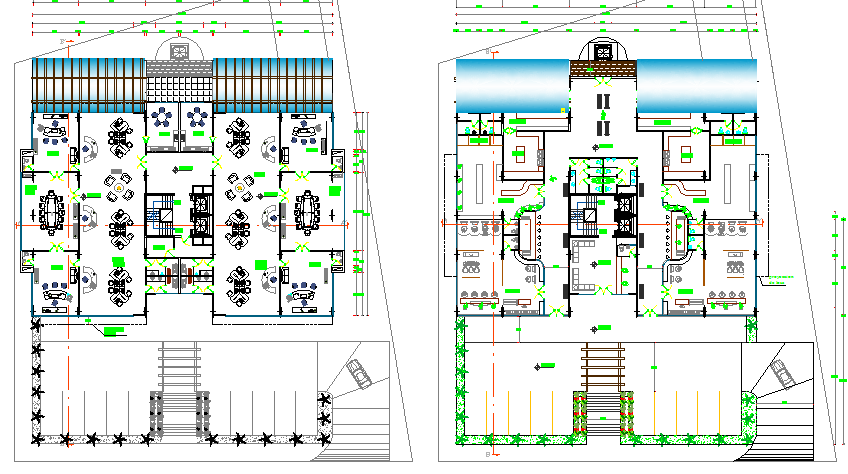 Ground and first floor layout details of office building dwg file