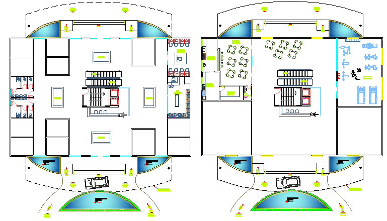 Ground and first floor layout plan details of multi-functional building dwg file
