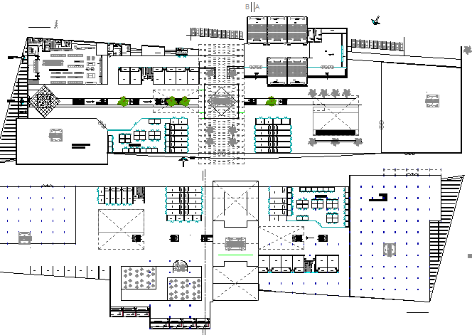 Ground and first floor layout plan details of shopping center dwg file
