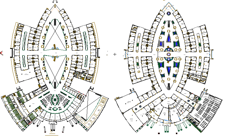 Ground and first floor layout plan details of shopping center dwg file