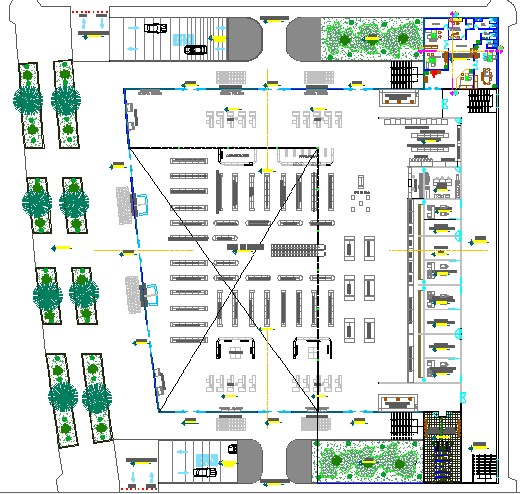 Ground and first floor layout plan details of super market dwg file